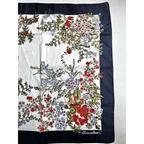 Vintage Hercolani Scarf Floral 30in Nylon Bandana Wrap Handkerchief White/Blue - Picture 2 of 8
